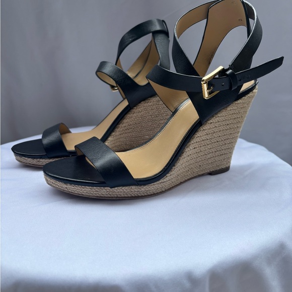 Michael Kors Kayla Black Leather Espadrille Wedge Sandals -Size 8.5 - Picture 1 of 8